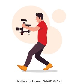 Vector illustration of a talented videographer.Cartoon scene of a guy holding a video camera and taking a quick shot isolated on a white background.Shooting at weddings,festive events,concerts, shows.