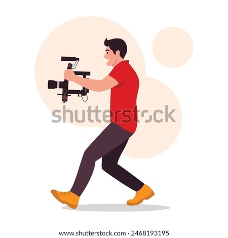 Vector illustration of a talented videographer.Cartoon scene of a guy holding a video camera and taking a quick shot isolated on a white background.Shooting at weddings,festive events,concerts, shows.