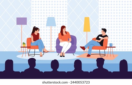 Vector illustration of a talk show. Cartoon scene of the presenter and girls sitting in chairs and discussing various topics in a studio with lamps,tables,a cup, a vase in the hall with the audience.