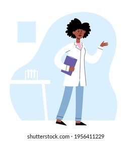 Vector illustration of talking african doctor in medical office.