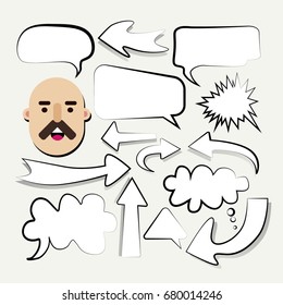 vector illustration of talking man bald head with speech bubbles and arrows