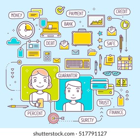 Vector illustration of talking man and woman by phone about taking and repayment of a consumer loan on blue background. Thin line art flat design of decision on bank credit