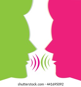 Vector illustration of talking men, green and pink half faces