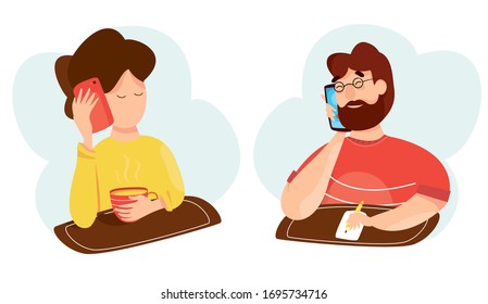 Vektorillustration-Illustration des Telefongesprächs, Kommunikation auf Smartphone. Mann und Frau, die auf dem Handy sprechen. Geschäftsgespräch zwischen Menschen