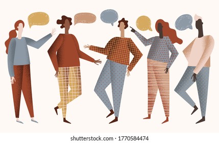 Vector illustration with talking people, discuss social network, news, chat, dialogue speech bubbles