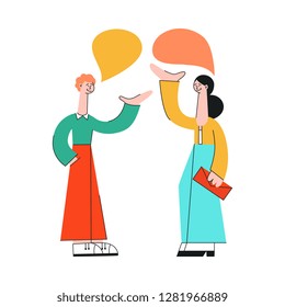 Vector illustration of talking people with speech bubbles in flat style isolated on white background - young man and woman with hand gestures communicating with each other and discussing.