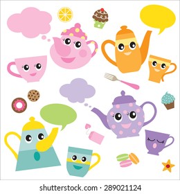 Vector illustration of talking teapots and teacups cartoon characters.