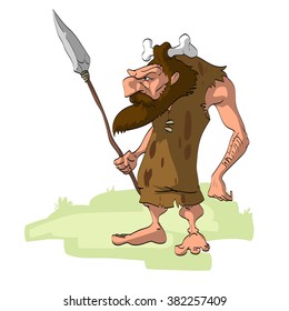 Vector illustration of a tall cartoon caveman hunter with a spear.