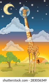 A vector illustration of a tall cartoon giraffe, lost in thought, wearing a space helmet with it's head above the clouds. This is a fun play on the idiom "head in the clouds."