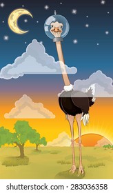 A vector illustration of a tall cartoon ostrich, lost in thought, wearing a space helmet with it's head above the clouds. This is a fun play on the idiom "head in the clouds."