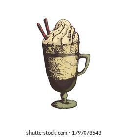 Vector illustration of a tall glass of coffee with foam or cream, cappuccino in the style of freehand drawing and color. Icon for shop or cafe, restaurant menu design