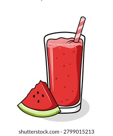 Vector illustration of a tall glass filled with fresh watermelon smoothie or juice, featuring a pink-and-white striped drinking straw, next to a triangular slice of ripe red watermelon with black seeds. Clean cartoon style isolated on a solid white background