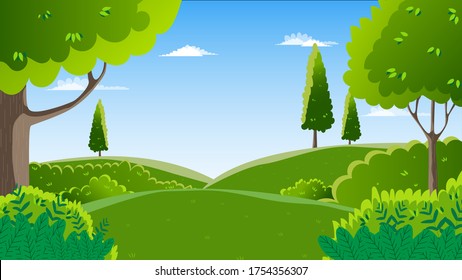 Ilustración vectorial de altas colinas y árboles con pastos verdes