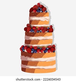 Vector illustration of a tall layered cake with custard cream and berries isolated on white. Party, Birthday, bakery, pastry, food, Wedding concept.