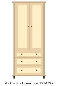 A vector illustration of a tall, light-colored wardrobe with two doors and three drawers.