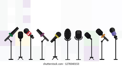 vector illustration of tall microphones in row for media news and communication channels 