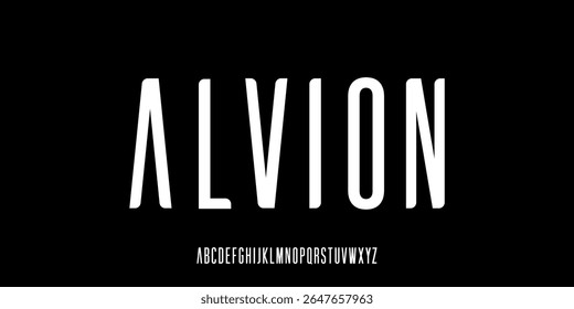 Vector illustration of tall sans-serif style alphabet font with minimalist art-deco touch. Suitable for movie title, poster design, fashion, logo design.