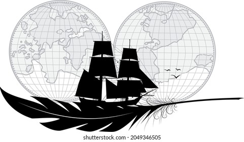 Vector illustration with tall ship, feather and map. Sea travel and maritime adventures.