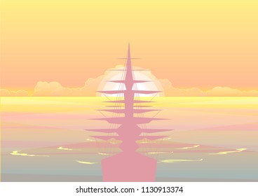 vector illustration of tall ship sailing to sunset horizon