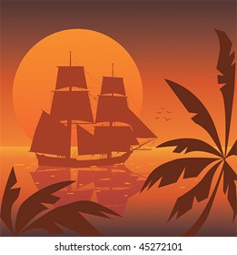 vector illustration of the tall ship of XVIII  century at sunset