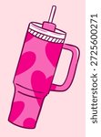 Vector illustration of tall travel cup with straw. Heart pattern water bottle hand drawn illustration.