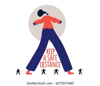 Vector illustration of tall walking woman and little men silhouettes. Keep a safe distance lettering phrase. Social distancing in public society to protect from COVID-19 coronavirus outbreak spreading