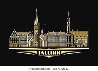 Vector illustration of Tallinn, dark horizontal card with linear design tallinn city scape on nighttime starry sky background, historical urban line art concept with unique lettering for text tallinn