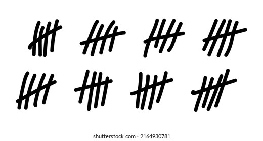 Vector illustration of tally marks count isolated on white background. Prison wall counting. Set of of tally marks icons in flat style.