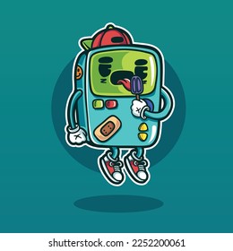 vector illustration of tamagochi mp3 player arcade pocket game eating ice cream with hip hop boys style