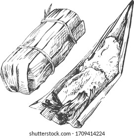 Vector illustration of Tamale corn dish. Traditional Mexican national cuisine food. Vintage hand drawn engraving style.