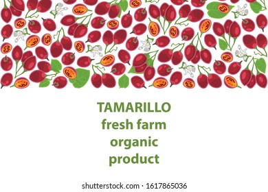 vector illustration of tamarillo and leaf design background white text fresh farm organic product EPS10