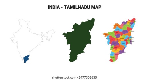 Vector illustration of Tamilnadu,Tamilnadu map with district name, tamilnadu map vector drawing, Outline color map of Tamilnadu, TN easy drawing, Tamilnadu and districts map, color 2024