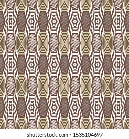 Vector illustration of tan, cream, white and lime hexagons, stripes and polygons in geometric layout. Scribble texture, textile rapport. Seamless repeat pattern for gift wrap, textile, fabric