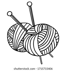 vector illustration, tangle of knitting needles and string in doodle style in black, needlework, logo symbol for design, print on t-shirt, cup, isolate on a white background