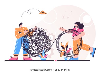 Vector illustration, tangle tangled and unraveled. abstract metaphor, business problem solving concept