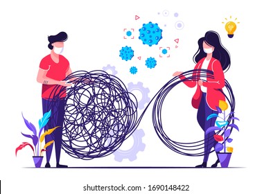Ilustración vectorial, enredado y desenredado. metáfora abstracta, concepto de solución de problemas empresariales