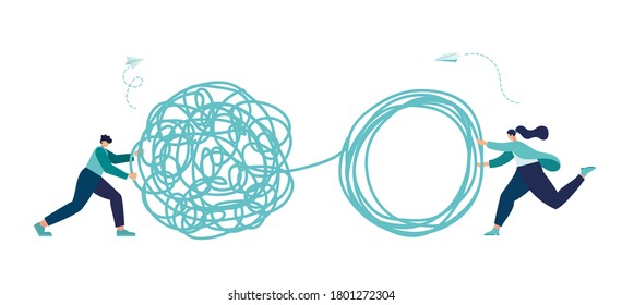 Ilustración vectorial, enredado y desenredado. metáfora abstracta, concepto de solución de problemas empresariales