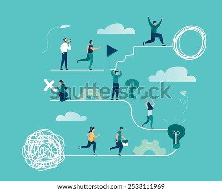 Vector illustration, tangle tangled and unraveled. abstract metaphor, business problem solving conceptinfographic illustration, The main stages of the timeline with pointers on the curved road, small 