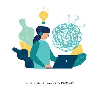 Vector illustration, tangle, tangled and untangled. abstract metaphor, solutions to business problems, customer service, hotline operator advises the client, global technical support online 247