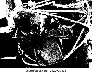 Vector illustration of tangled rope tying wooden post and bamboo pole in high contrast black stencil silhouette. Rustic construction graphic.
