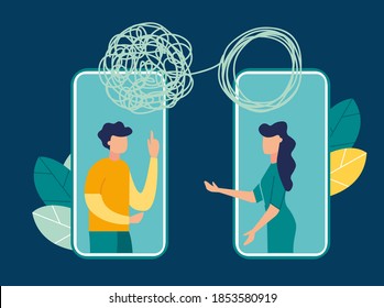 Vector illustration, tangled and untangled tangle. abstract metaphor, business problem solving concept, online communication problem and question resolution