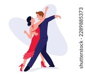 Vector illustration of tango dancers. Cartoon scene with tango dancers, a girl in a red dress on heels and a guy in an elegant suit isolated on a white background.