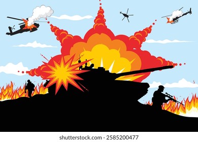 Vector illustration of Tank exploding in battle. Silhouette of battle