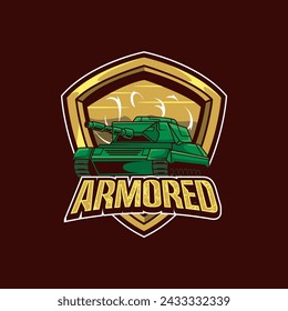Tanque de ilustración vectorial en vista lateral con el texto BLINDADO Esport logo