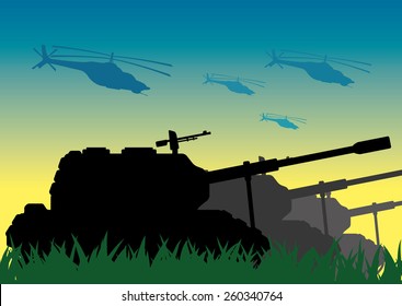 Vector illustration. Tanks and helicopters.