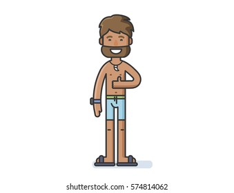 Vector illustration of tanned bearded man character in shorts shows a sign Thumbs Up, flat design cartoon people icon.