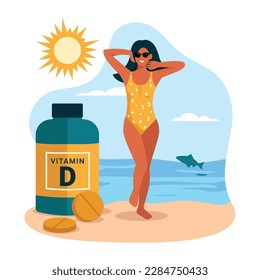 Vector illustration of a tanned girl on the beach and getting vitamin D from the sun. Cartoon scene with a girl sunbathing on the beach in a swimsuit and glasses and getting vitamin D.