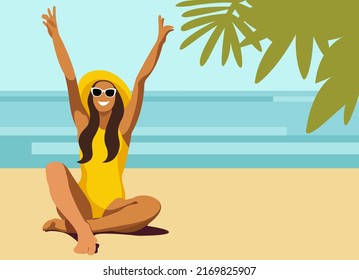 vector illustration a tanned girl in a yellow swimsuit and a hat with raised hands rejoices in the summer on the background of the sea or ocean. useful for advertising summer holidays, beaches, hotels