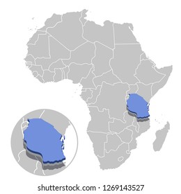Vector illustration of Tanzania in blue on the grey model of Africa map with zooming replica of country