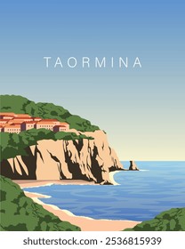 Ilustração vetorial. Taormina Itália. Cartaz de viagem, faixa, cartão postal, capa. Design moderno. Turismo.